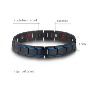 Men's magnetic therapy bracelet in black and blue stainless steel, 12mm wide
