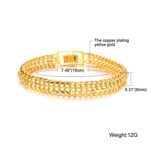 Bracelet pour homme en cuivre plaqué or avec motif tressé, largeur 8mm, longueur 19cm, fermoir
