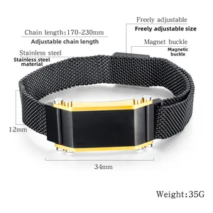 Detailed size specifications of the black steel mesh bracelet with magnetic clasp