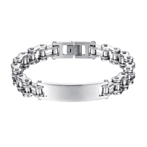 Men's stainless steel biker chain bracelet with engravable ID plate and folding clasp