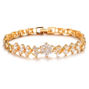 Bracelet Fleur en Cuivre Plaqué Or de Luxe pour Femmes Zirconia AAA Incrusté Géométrique Bijoux de Mariage Cadeau