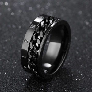 Rotatable titanium steel ring with black Roman numerals and cuban chain design