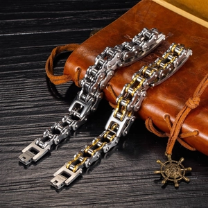 Men's heavy stainless steel motorcycle chain bracelets in silver and dual-tone gold
