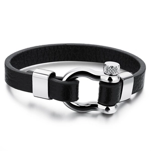 Men's Vintage Leather Bracelet With Stainless Steel Horseshoe Shackle Buckle Black Litchi Texture Casual Neutral Style Jewelry