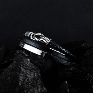 Men's multilayer black braided leather bracelet with polished silver stainless steel clasp