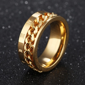 Golden titanium steel spinning ring with Roman numerals and curb chain link inlay