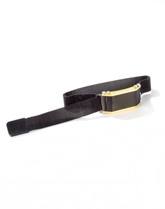 Detail of men's black Milanese mesh bracelet with gold and matte black metal plate