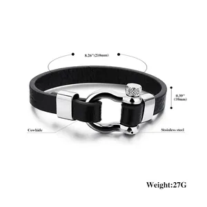 Men's black cowhide leather bracelet with polished stainless steel horseshoe buckle