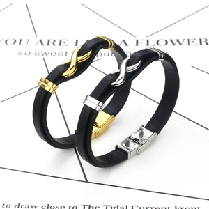 Infinity symbol black leather couple bracelets with stainless steel clasps in gold and silver