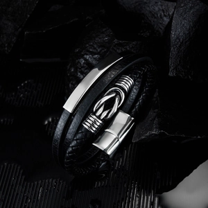 Multi-layer black leather woven bracelet for men with polished silver steel accents