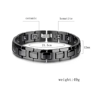 Men's magnetic therapy bracelet in black ceramic and hematite stone with 21.5cm length