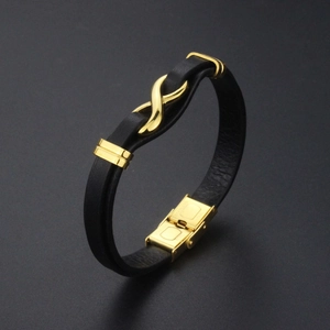 Fashionable black leather infinity bracelet with gold stainless steel buckle for men