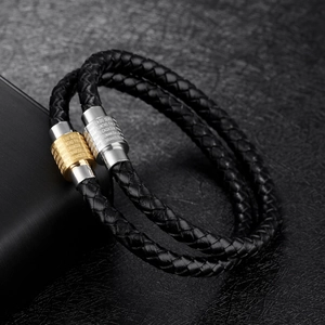 Bracciale da uomo in pelle intrecciata a doppio giro con chiusura magnetica bicolore