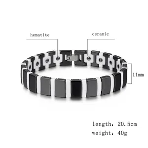 Minimalist magnetic men's bracelet with black and white ceramic and hematite links