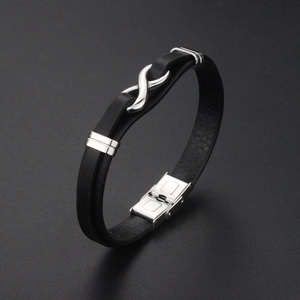 Men's double-layer black leather infinity bracelet with polished stainless steel buckle