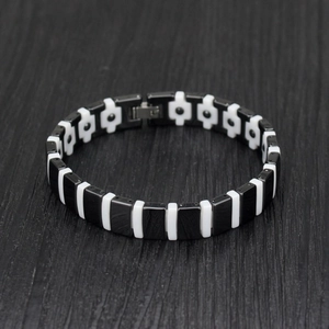 Modern black and white ceramic link magnetic bracelet for men with glossy geometric finish