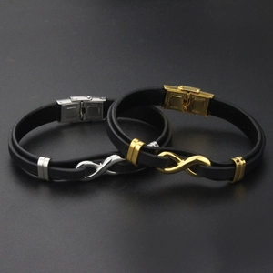 Close-up of infinity charm bracelet with stainless steel clasp and black silicone strap
