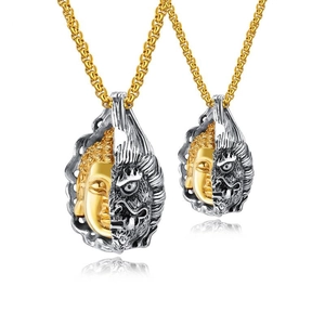 Collier Pendentif Double Face Bouddha et Démon en Acier Titane Rétro pour Hommes Bijoux Religieux Gothiques Chaîne en Relief Bicolore