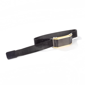 Classic men's black stainless steel mesh bracelet with gold-edged metal plate detail