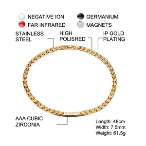 Titanium steel magnetic necklace with cubic zirconia stones and gold finish