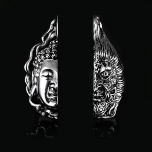 Pendentif rétro en argent pour hommes avec double face Bouddha et Démon gravée