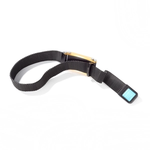 Classic black Milanese mesh bracelet with gold polished plate and blue square accent