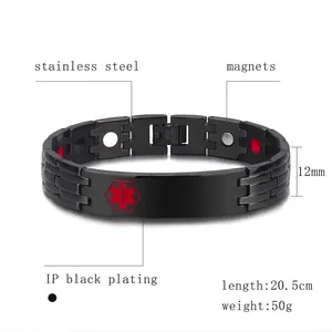 Men's magnetic medical alert bracelet in black stainless steel with red star of life
