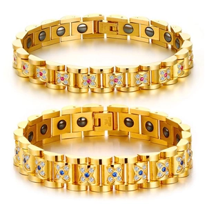 Stainless Steel Magnetic Therapy Bracelet For Couples Gold Plated Rhinestone Flower Inlaid Health Jewelry Hand Chain