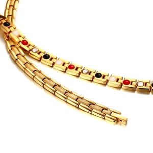 Golden magnetic therapy steel bracelet with tri-color embedded stone inserts