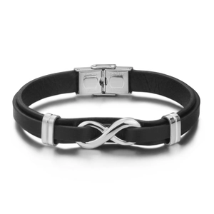 Men's black leather infinity bracelet with stainless steel clasp on white background