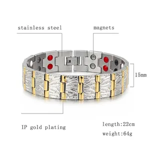 Men's magnetic stainless steel bracelet in silver and gold links with energy stones
