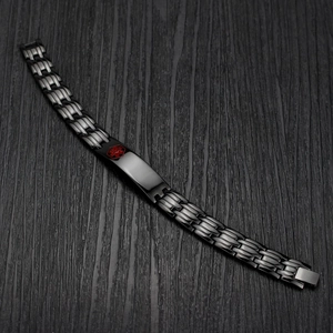 Men's black titanium steel medical alert magnetic bracelet with red Star of Life symbol