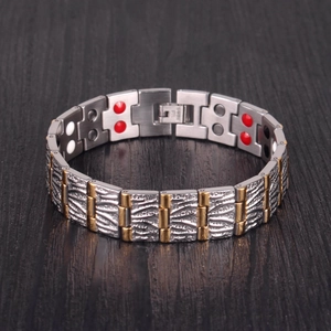 Men's two-tone magnetic therapy bracelet in stainless steel with double row energy stones