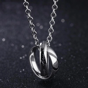 Polished titanium steel double ring necklace with love my only engraving for couples