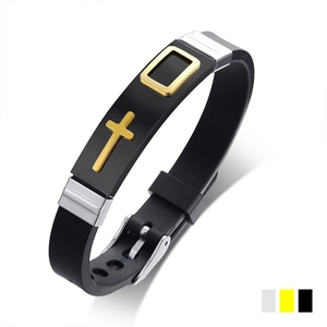 Bracelet Ajustable en Silicone Noir pour Homme Avec Plaque Croix en Acier Inoxydable Bijoux Religieux Bracelet Décontracté