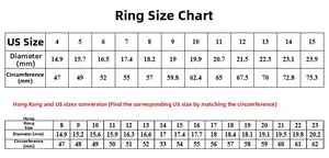 Detailed size chart for minimalist diamond rings showing US and HK sizing conversion