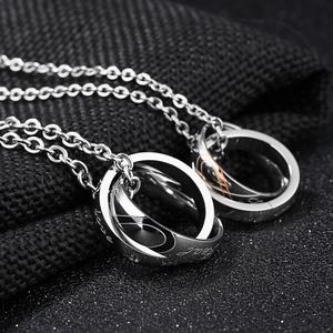 Couples titanium steel intertwined double ring heart pendant necklace with Love engraving