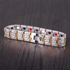 Men's titanium magnetic bracelet with double row energy stones in gold-tone finish