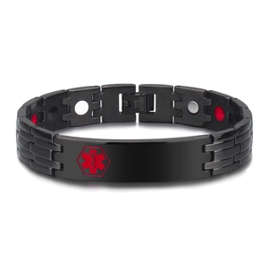 Men's Black Stainless Steel Medical Alert Magnetic Therapy Bracelet Star of Life Symbol Health Care Wristband Fashion Jewelry