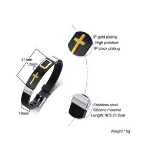 Bracelet réglable en silicone noir pour hommes avec décor de croix en acier inoxydable doré