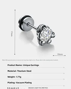 Detail view of crown-shaped stainless steel earring with a white zircon in six-claw setting