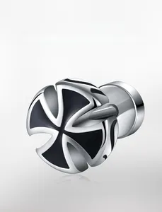 Detail of cross-shaped stainless steel stud earring with black enamel and flat back