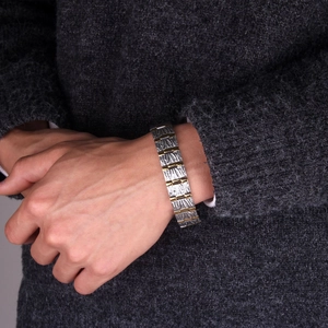 Men's titanium magnetic therapy bracelet with dual-row energy stones in gold and silver