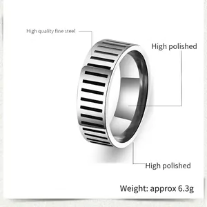 Polished stainless steel ring with vertical black lines and 6.3g weight detail