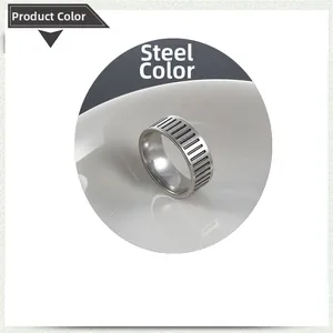 Detail view of steel color stainless steel ring with vertical striped texture grooves