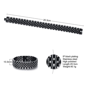 Bracelet pour homme en acier inoxydable noir poli avec maillons de style montre