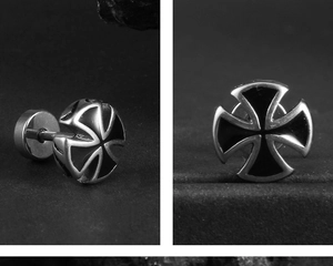 Detail view of titanium steel cross stud earrings with black enamel inlay for men
