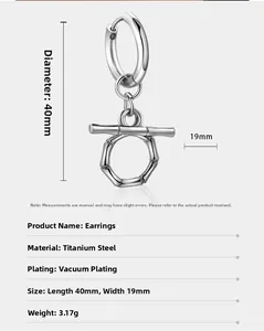 Macro detail of bamboo-style stainless steel hoop earrings with size specifications