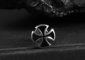 Detailed view of silver stainless steel iron cross stud earring with black enamel finish