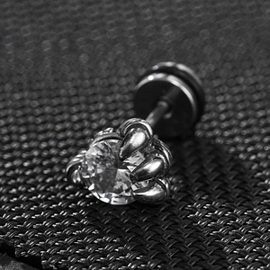 Men's punk style dragon claw stud earring with round clear zircon in black stainless steel